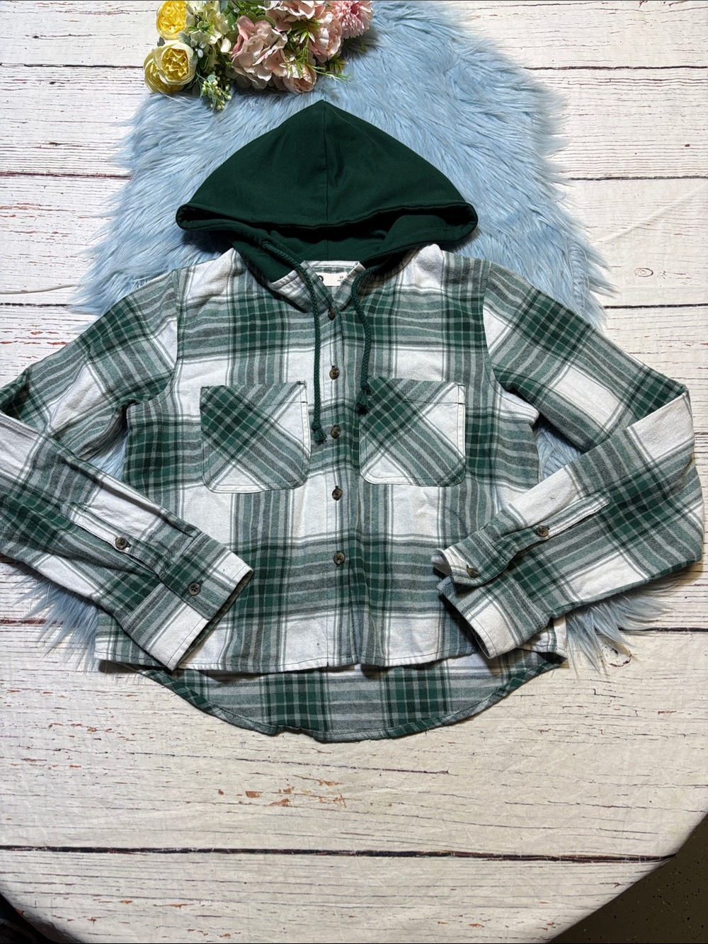 NWT SO Hooded Shrunken Green Plaid Shirt sz XS